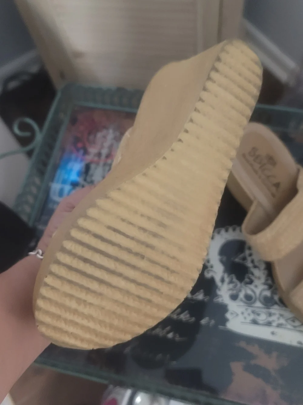 Sbicca Tan Woven Double-Strap Wedge Mules